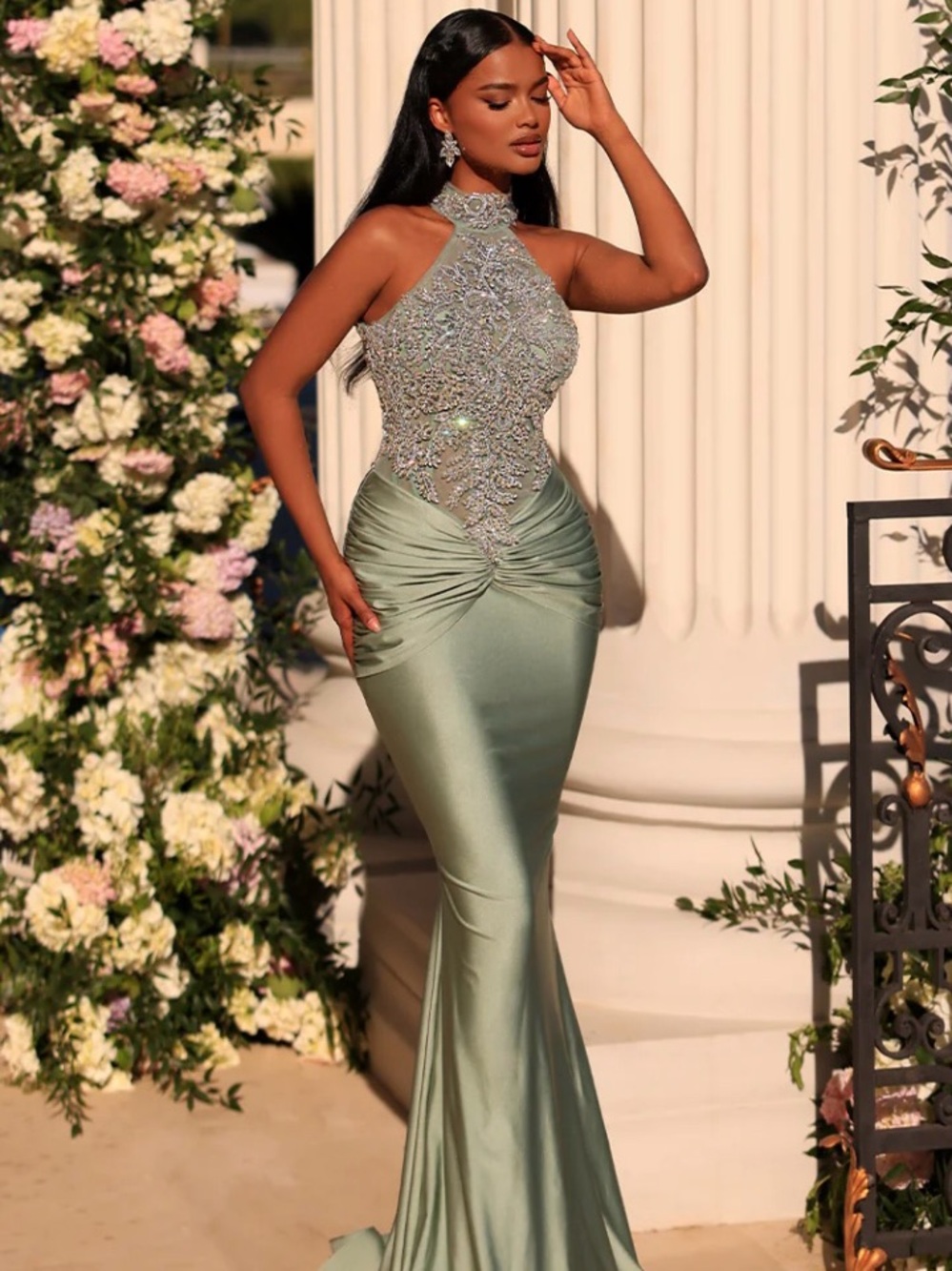 Halter Beaded Satin Prom Gown in Sage Green